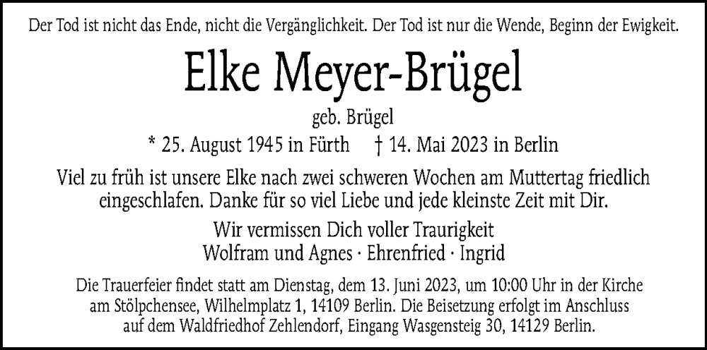  Traueranzeige für Elke Meyer-Brügel vom 04.06.2023 aus Tagesspiegel