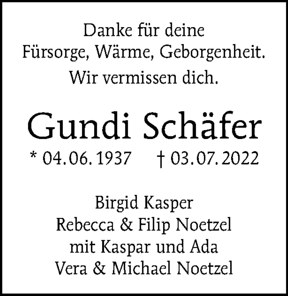  Traueranzeige für Gundi Schäfer vom 04.06.2023 aus Tagesspiegel