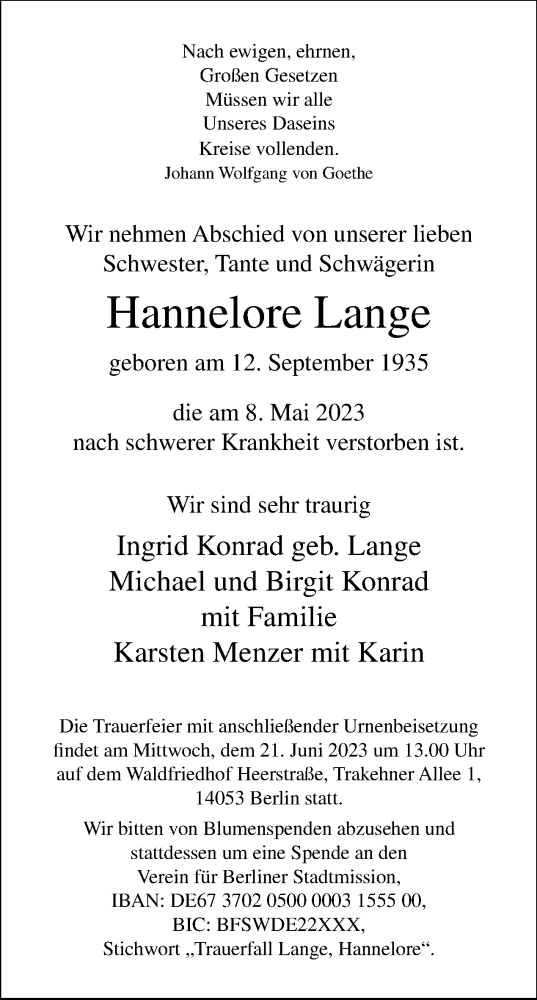 Traueranzeige von Hannelore Lange von Tagesspiegel