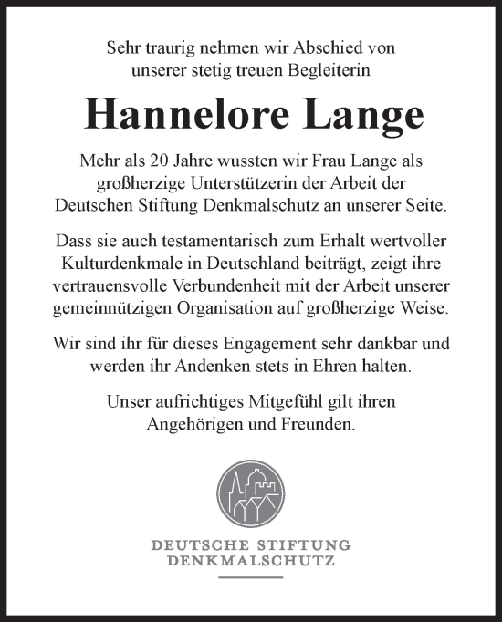 Traueranzeige von Hannelore Lange von Tagesspiegel