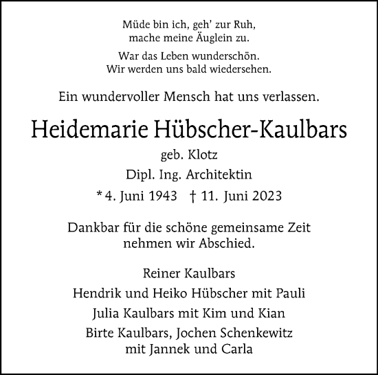 Traueranzeige von Heidemarie Hübscher-Kaulbars von Tagesspiegel