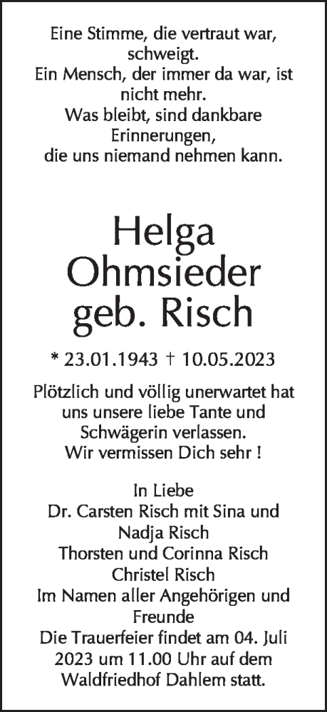 Traueranzeige von Helga Ohmsieder von Tagesspiegel