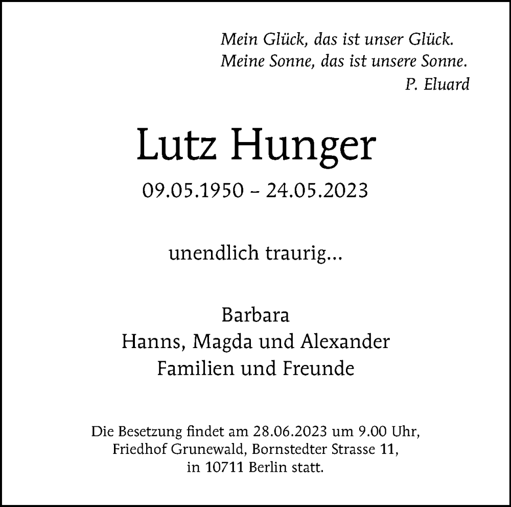  Traueranzeige für Lutz Hunger vom 04.06.2023 aus Tagesspiegel
