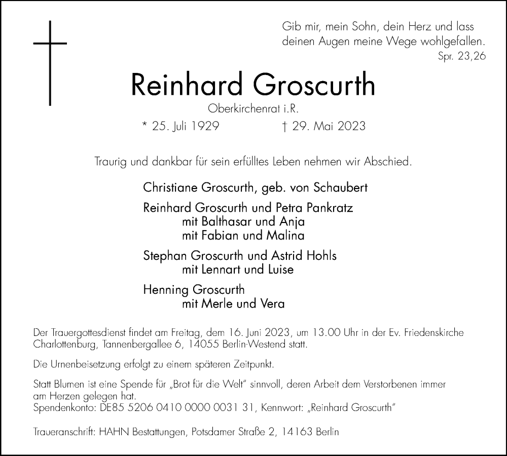  Traueranzeige für Reinhard Groscurth vom 11.06.2023 aus Tagesspiegel
