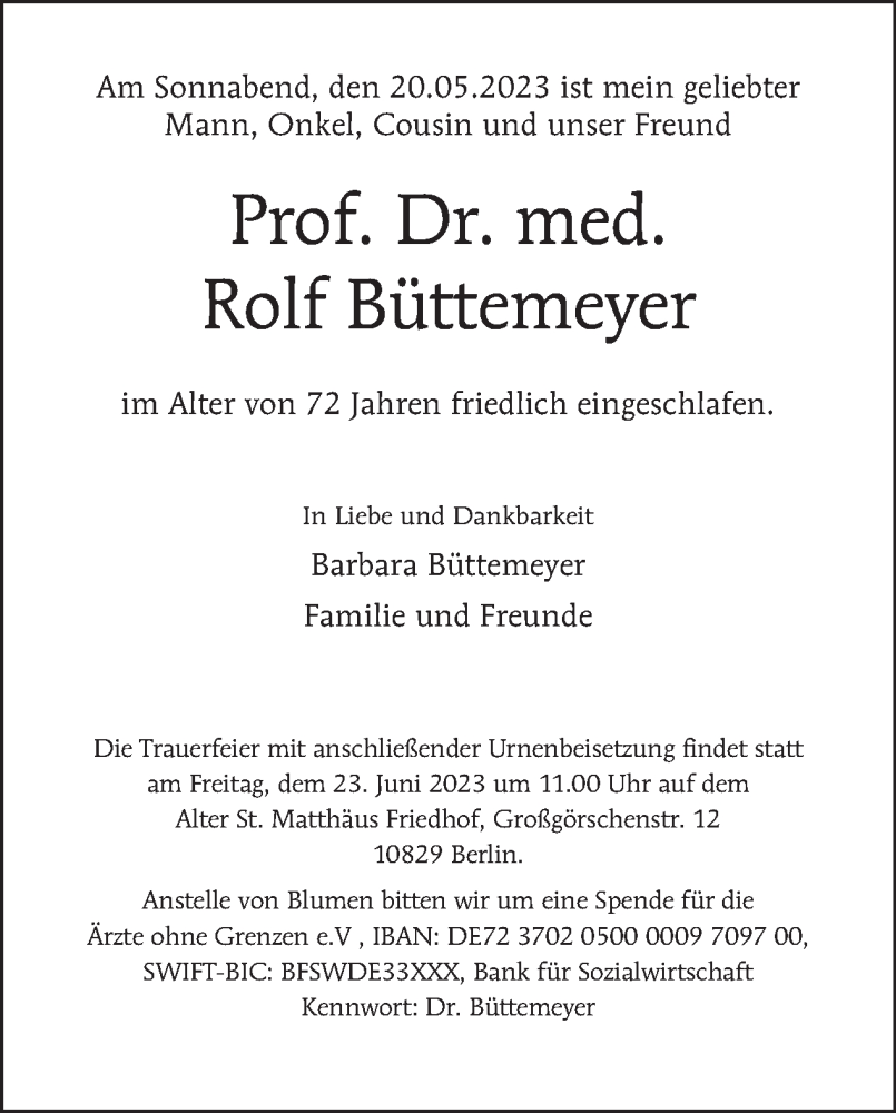  Traueranzeige für Rolf Büttemeyer vom 11.06.2023 aus Tagesspiegel