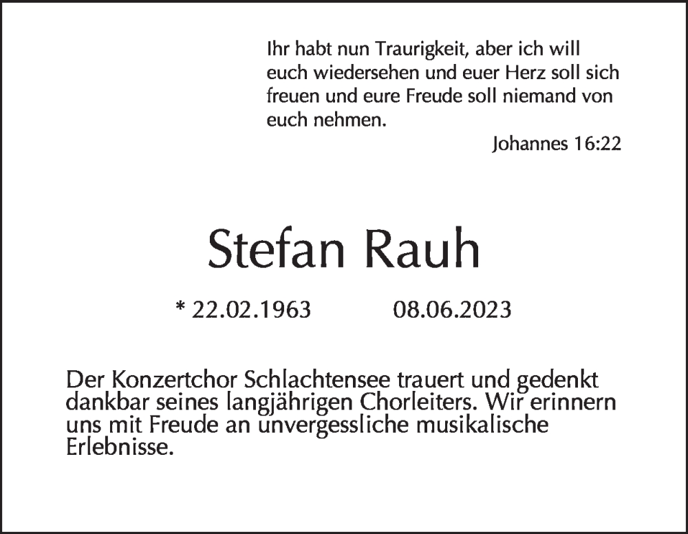  Traueranzeige für Stefan Rauh vom 18.06.2023 aus Tagesspiegel