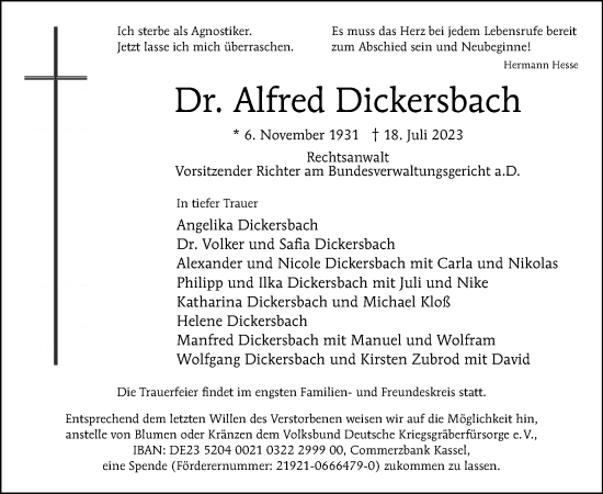 Traueranzeige von Alfred Dickersbach von Tagesspiegel