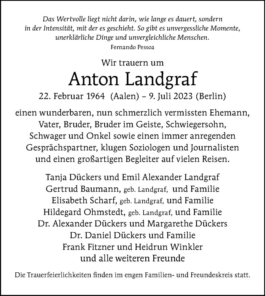  Traueranzeige für Anton Landgraf vom 23.07.2023 aus Tagesspiegel