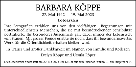 Traueranzeige von Barbara Köppe von Tagesspiegel