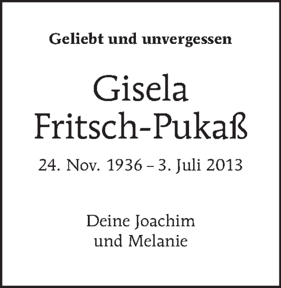 Traueranzeige von Gisela Fritsch-Pukaß von Tagesspiegel