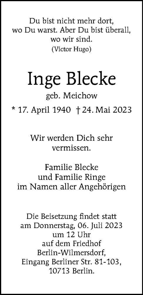 Traueranzeige von Inge Blecke von Tagesspiegel