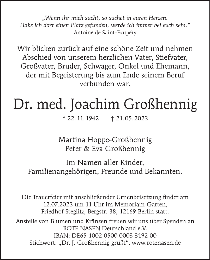  Traueranzeige für Joachim Großhennig vom 02.07.2023 aus Tagesspiegel