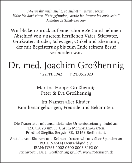 Traueranzeige von Joachim Großhennig von Tagesspiegel