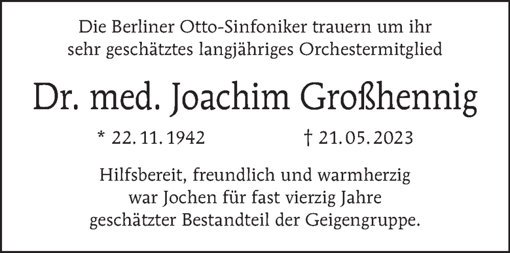  Traueranzeige für Joachim Großhennig vom 02.07.2023 aus Tagesspiegel