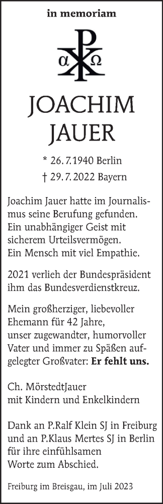 Traueranzeige von Joachim Jauer von Tagesspiegel