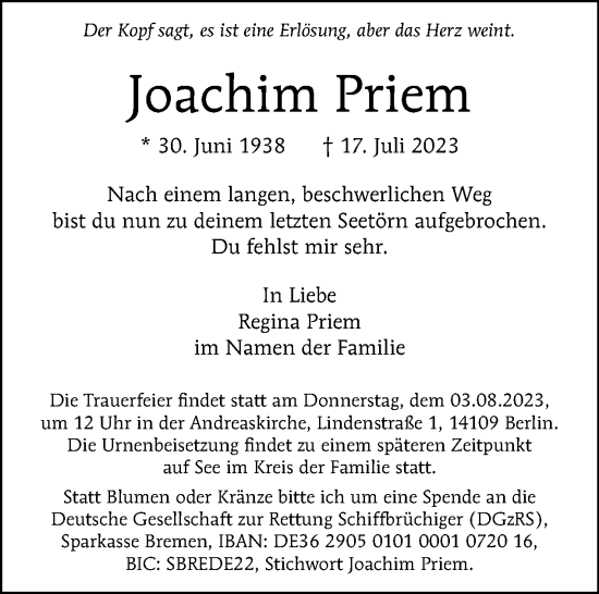 Traueranzeige von Joachim Priem von Tagesspiegel