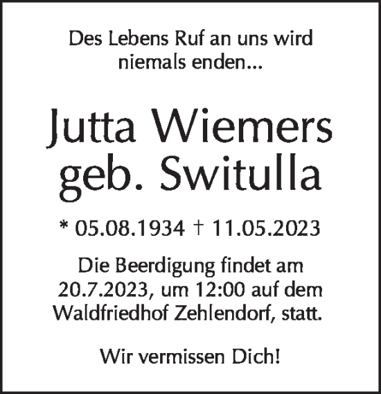 Traueranzeige von Jutta Wiemers von Tagesspiegel