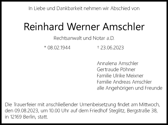 Traueranzeige von Reinhard Werner Amschler von Tagesspiegel