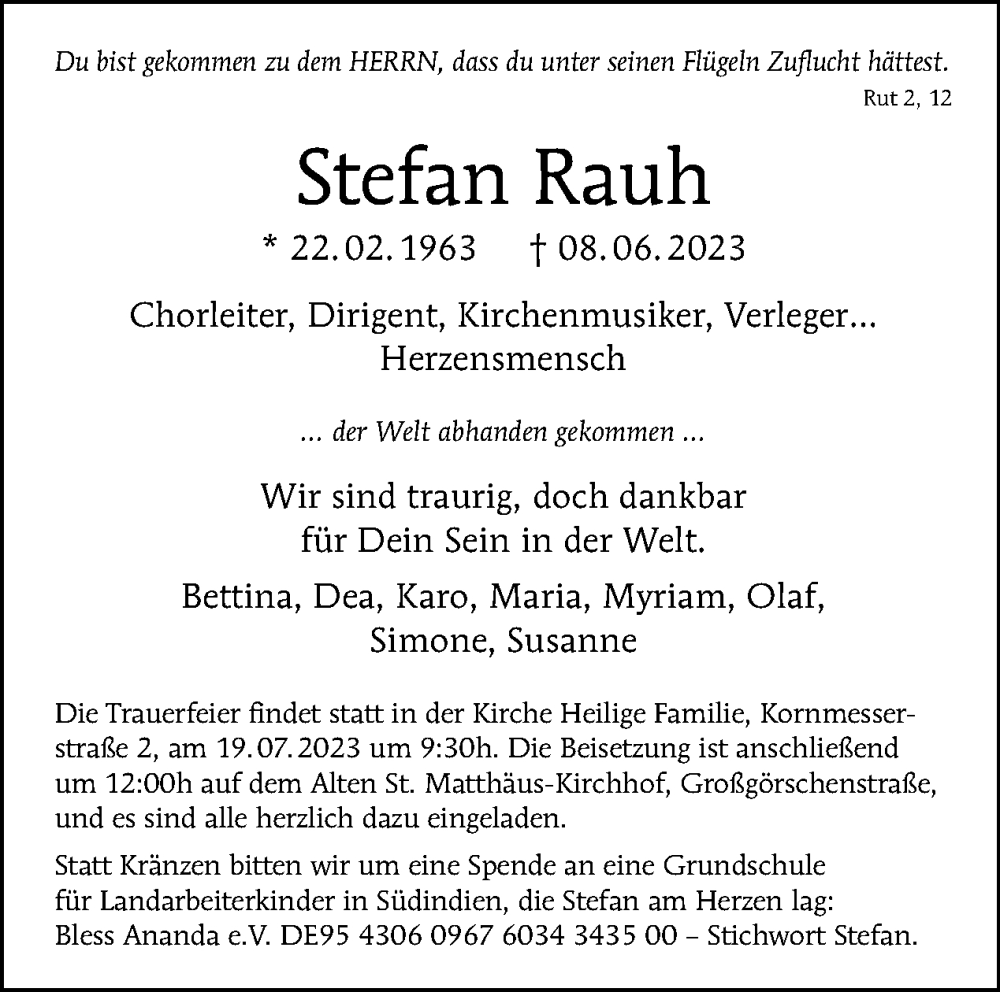  Traueranzeige für Stefan Rauh vom 02.07.2023 aus Tagesspiegel