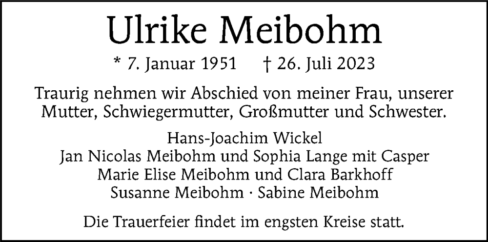  Traueranzeige für Ulrike Meibohm vom 30.07.2023 aus Tagesspiegel