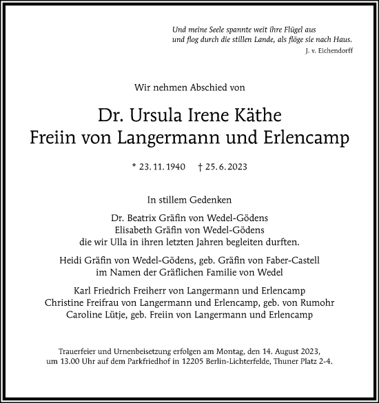 Traueranzeige von Ursula Irene Käthe Freiin von Langermann und Erlencamp von Tagesspiegel