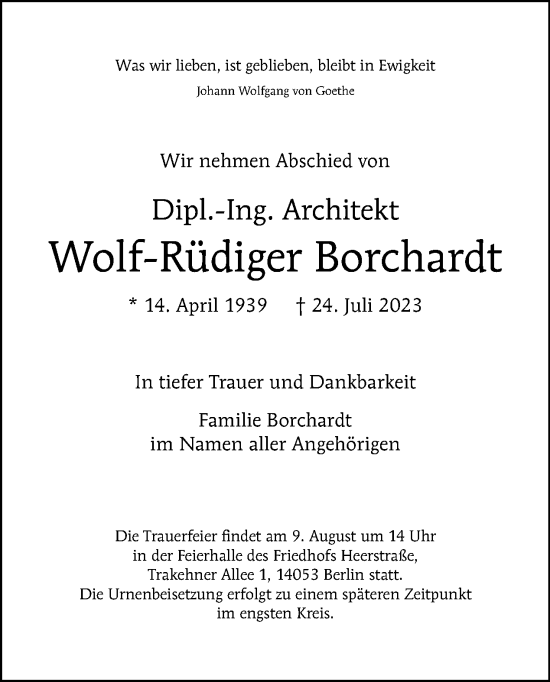 Traueranzeige von Wolf-Rüdiger Borchardt von Tagesspiegel