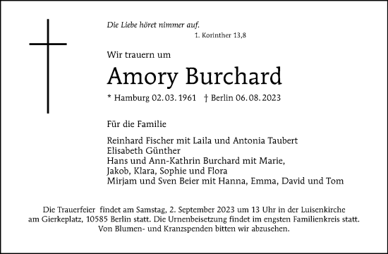 Traueranzeige von Amory Burchard von Tagesspiegel