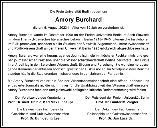 Traueranzeige von Amory Burchard von Tagesspiegel