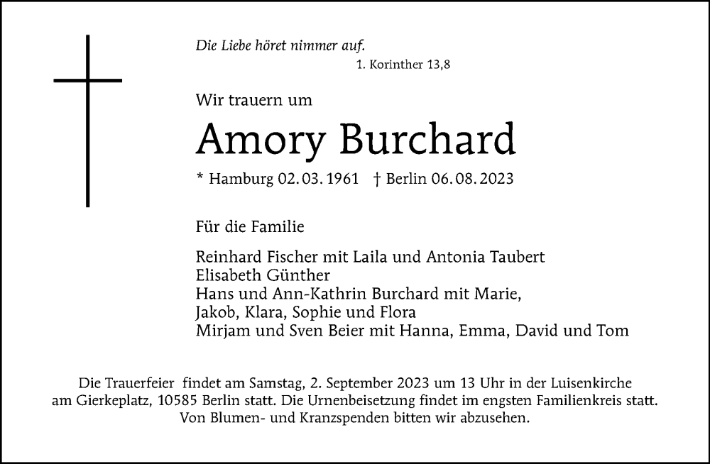  Traueranzeige für Amory Burchard vom 13.08.2023 aus Tagesspiegel