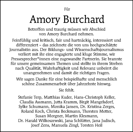 Traueranzeige von Amory Burchard von Tagesspiegel