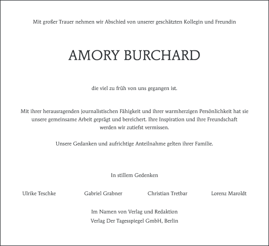 Traueranzeige von Amory Burchard von Tagesspiegel