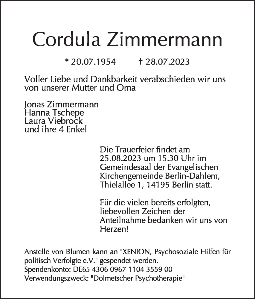  Traueranzeige für Cordula Zimmermann vom 13.08.2023 aus Tagesspiegel