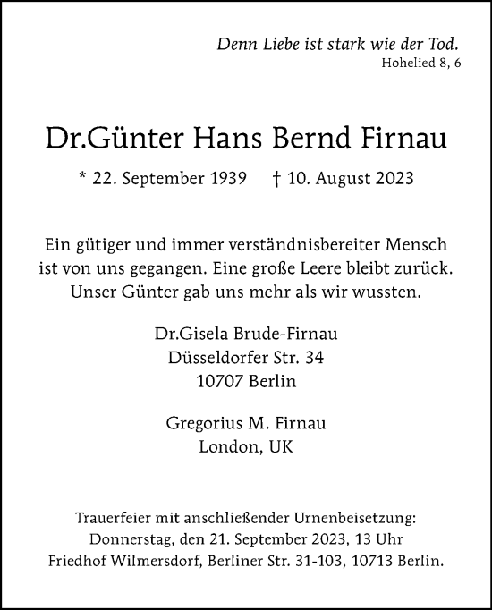 Traueranzeige von Günter Hans Bernd Firnau von Tagesspiegel