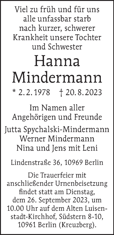  Traueranzeige für Hanna Mindermann vom 27.08.2023 aus Tagesspiegel