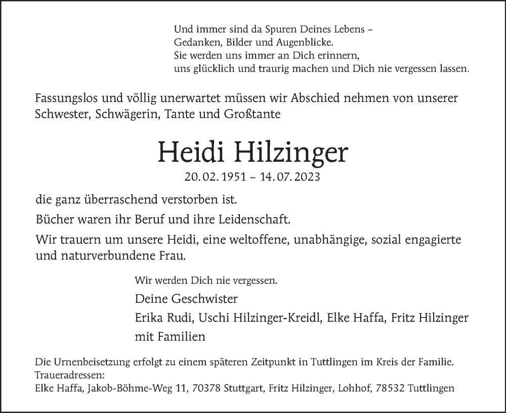  Traueranzeige für Heidi Hilzinger vom 13.08.2023 aus Tagesspiegel