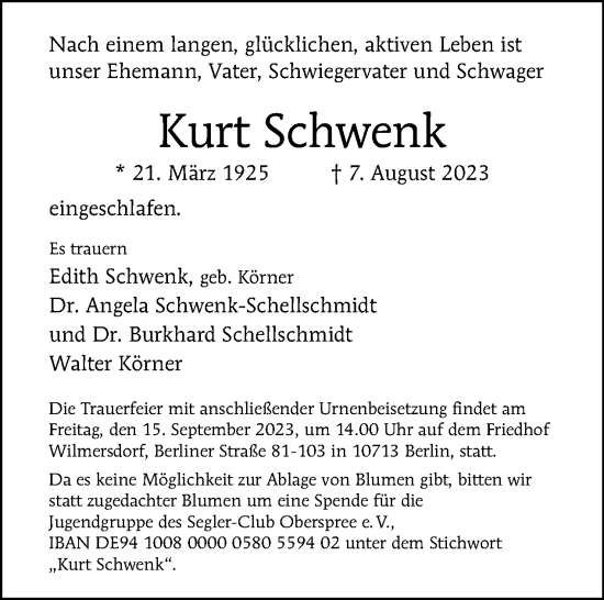 Traueranzeige von Kurt Schwenk von Tagesspiegel