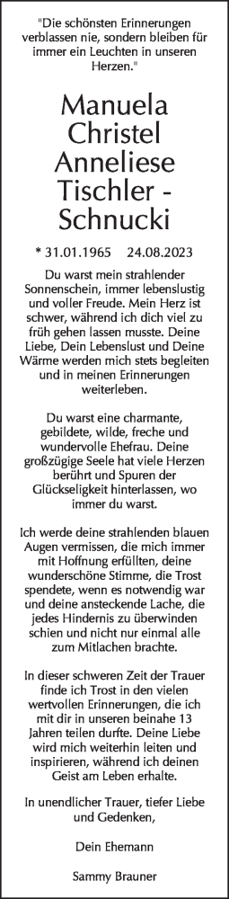  Traueranzeige für Manuela Christel Anneliese Tischler-Schnucki vom 31.08.2023 aus Tagesspiegel