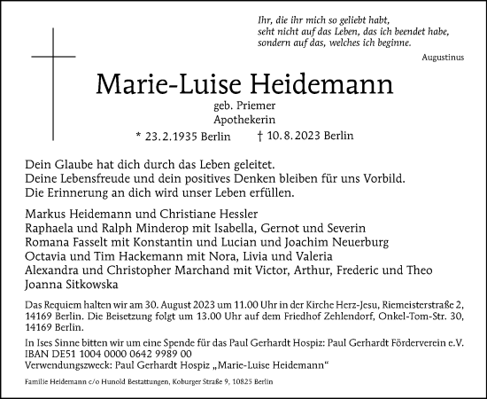 Traueranzeige von Marie-Luise Heidemann von Tagesspiegel