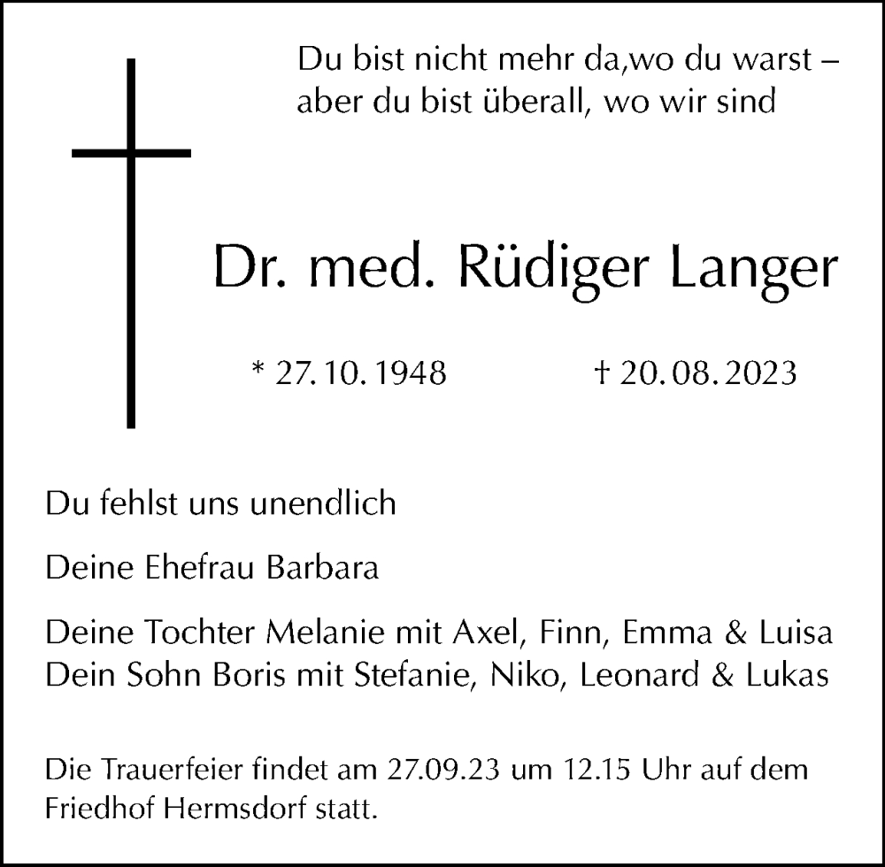  Traueranzeige für Rüdiger Langer vom 27.08.2023 aus Tagesspiegel