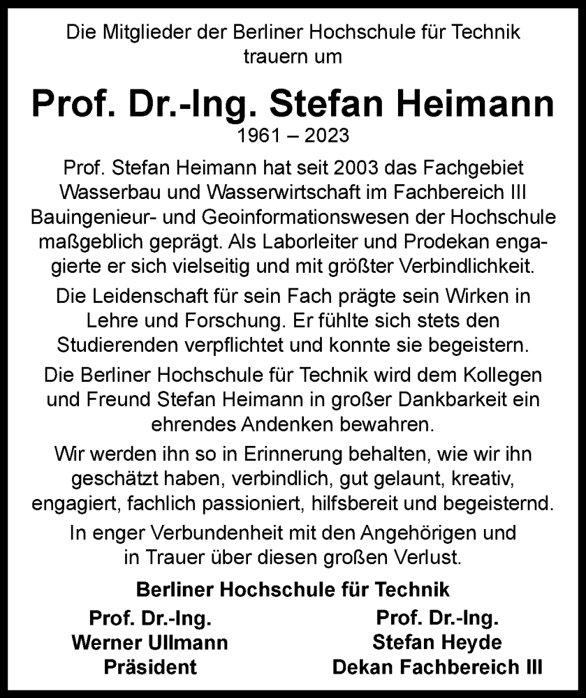  Traueranzeige für Stefan Heimann vom 13.08.2023 aus Tagesspiegel