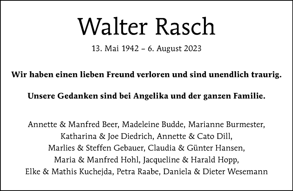  Traueranzeige für Walter Rasch vom 13.08.2023 aus Tagesspiegel