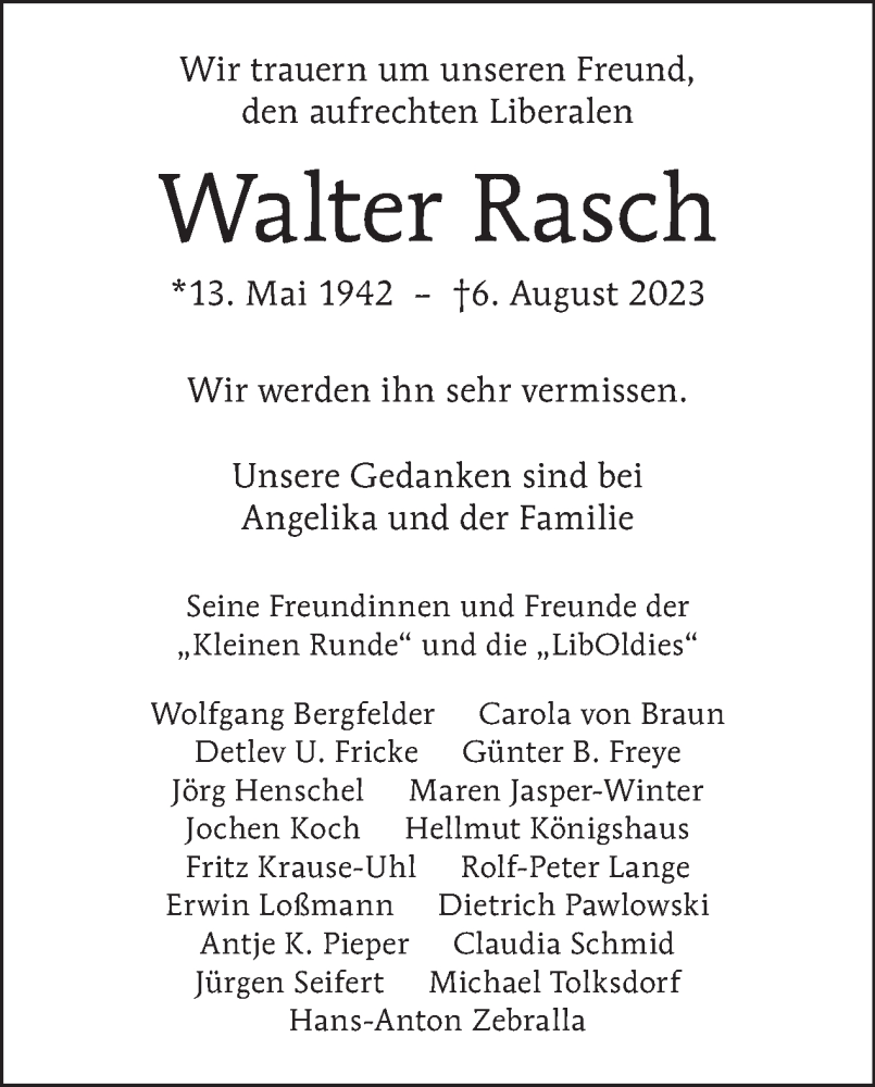  Traueranzeige für Walter Rasch vom 20.08.2023 aus Tagesspiegel