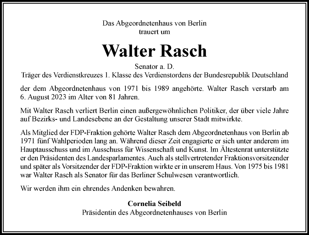  Traueranzeige für Walter Rasch vom 20.08.2023 aus Tagesspiegel