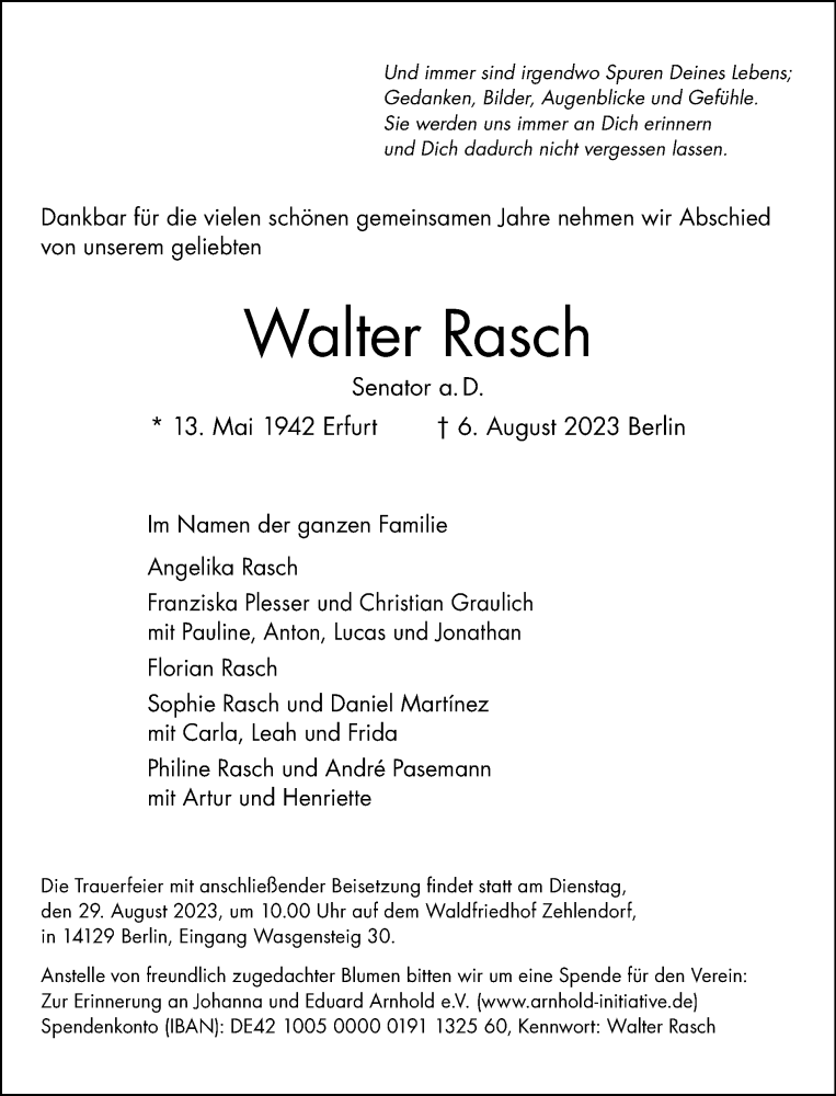  Traueranzeige für Walter Rasch vom 20.08.2023 aus Tagesspiegel