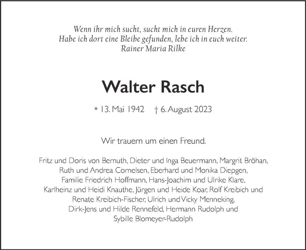  Traueranzeige für Walter Rasch vom 20.08.2023 aus Tagesspiegel