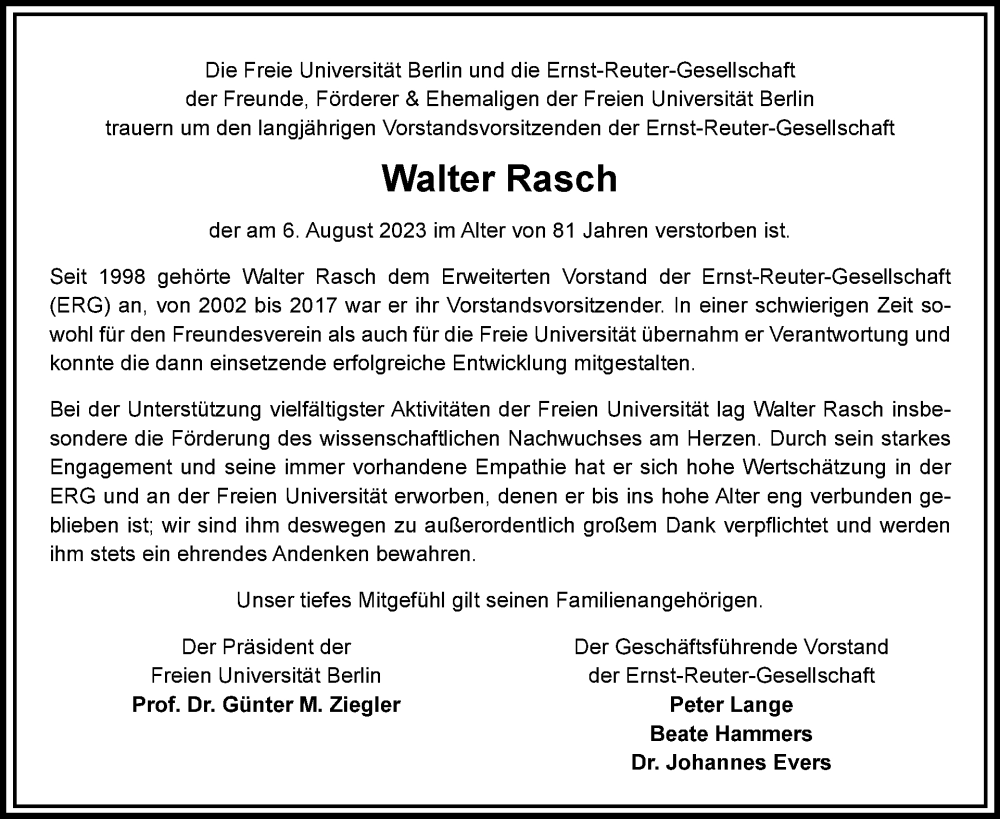  Traueranzeige für Walter Rasch vom 20.08.2023 aus Tagesspiegel