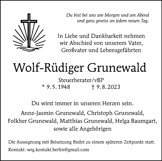 Traueranzeige von Wolf-Rüdiger Grunewald von Tagesspiegel