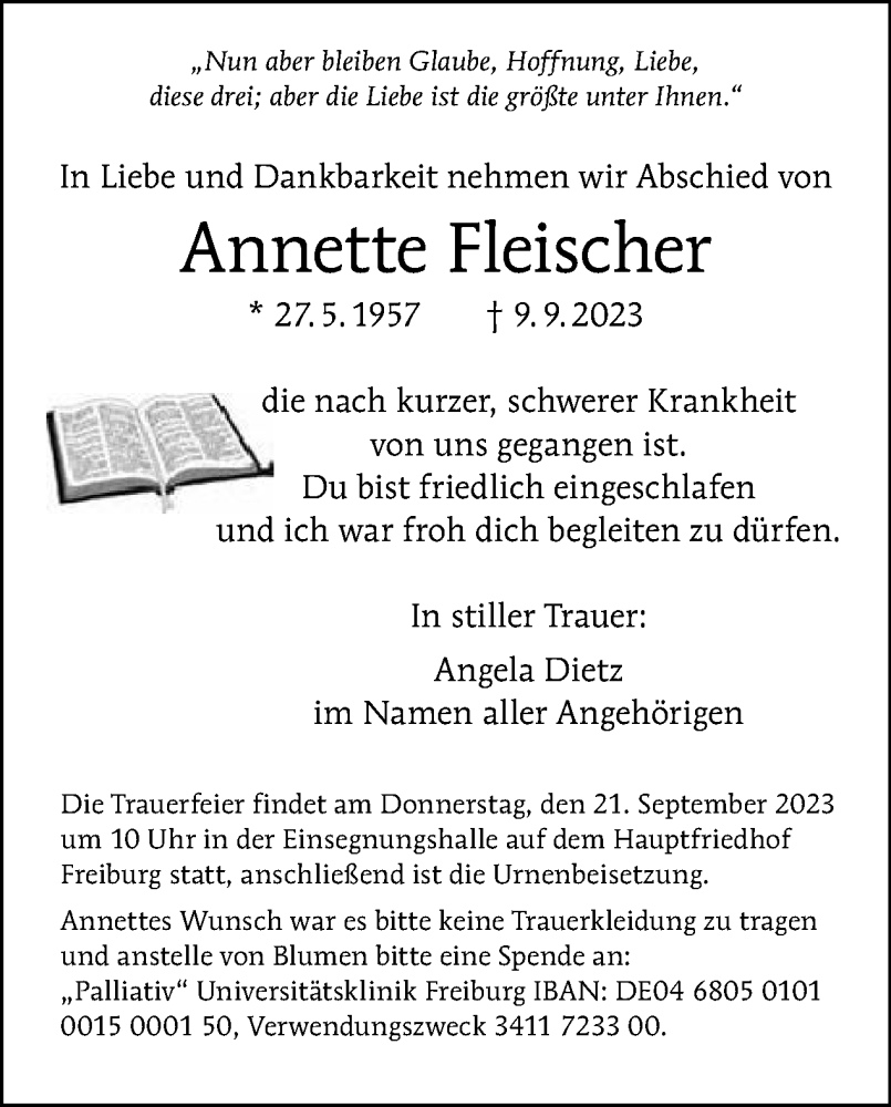  Traueranzeige für Annette Fleischer vom 17.09.2023 aus Tagesspiegel