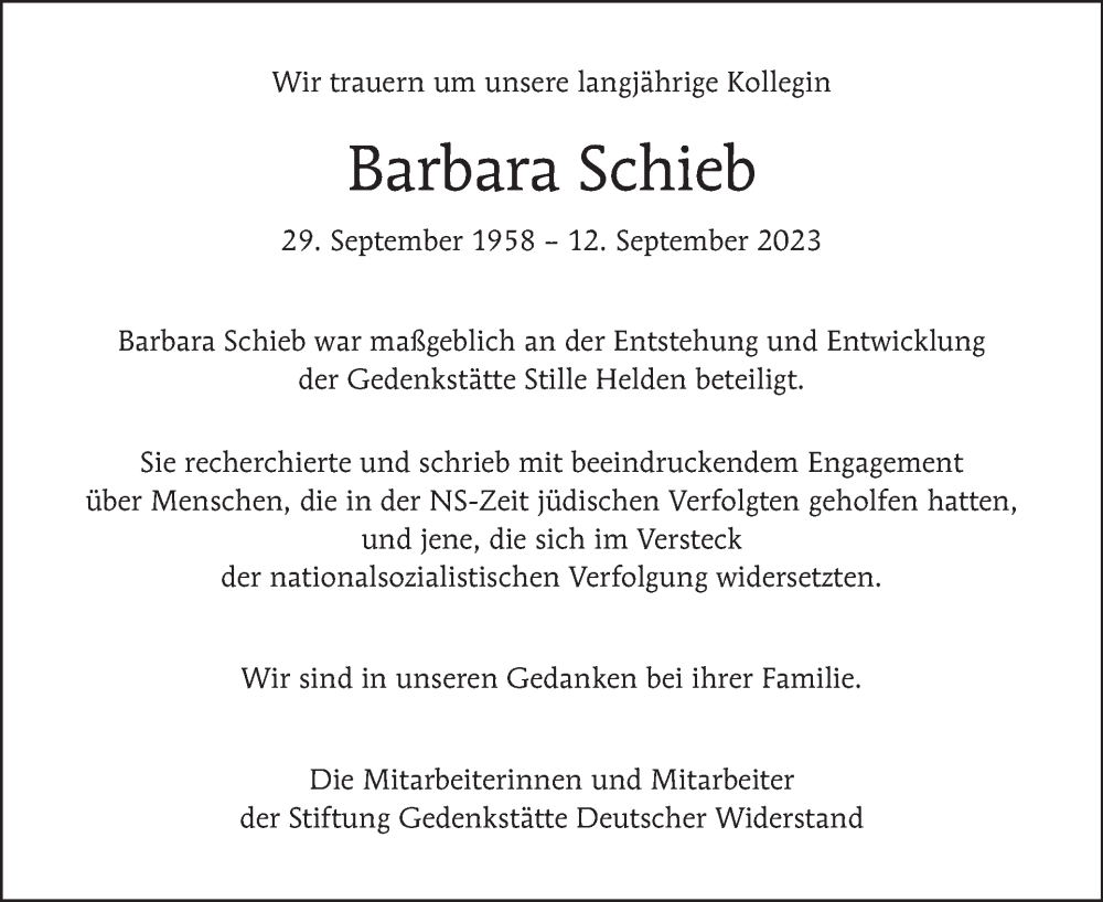  Traueranzeige für Barbara Schieb vom 24.09.2023 aus Tagesspiegel