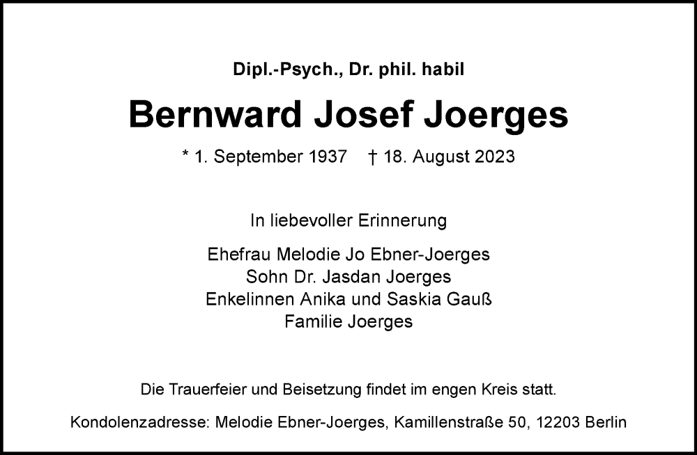  Traueranzeige für Bernward Josef Joerges vom 03.09.2023 aus Tagesspiegel